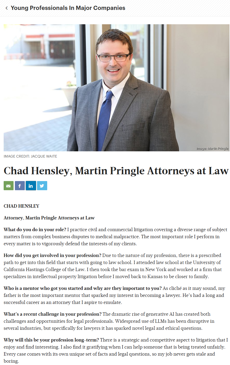 Martin Pringle Attorney Spotlighted in Wichita Business Journal