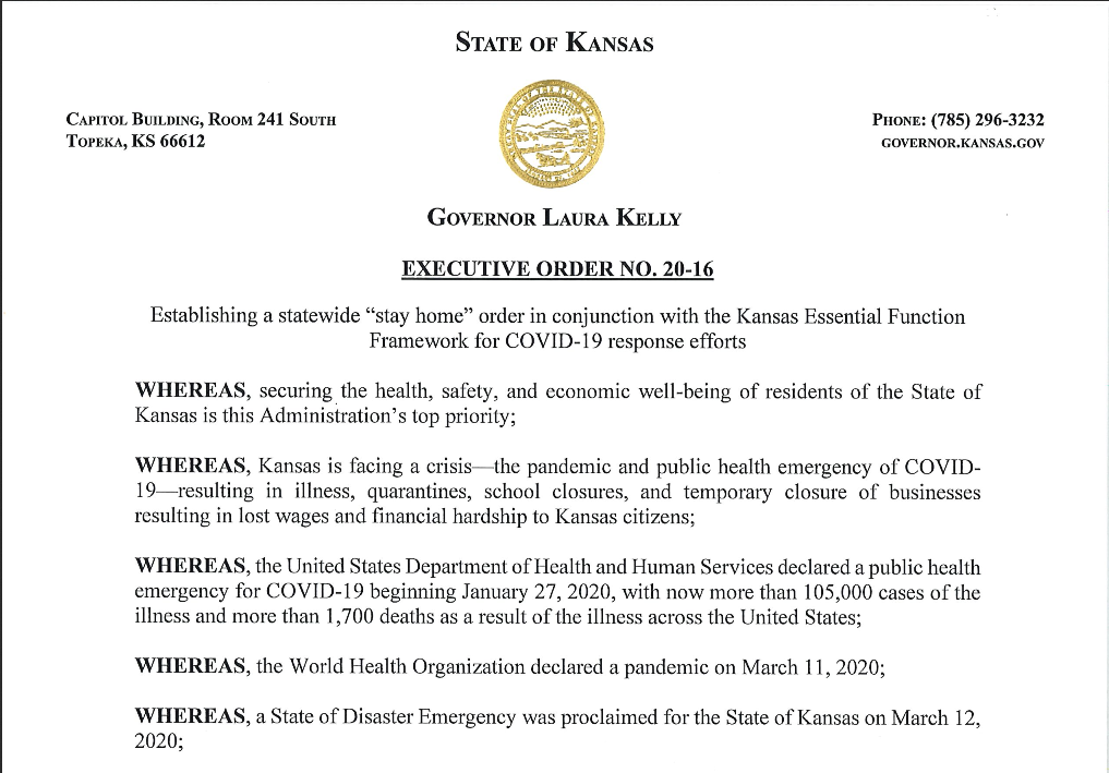 Statewide “Stay Home” Order Issued in Kansas